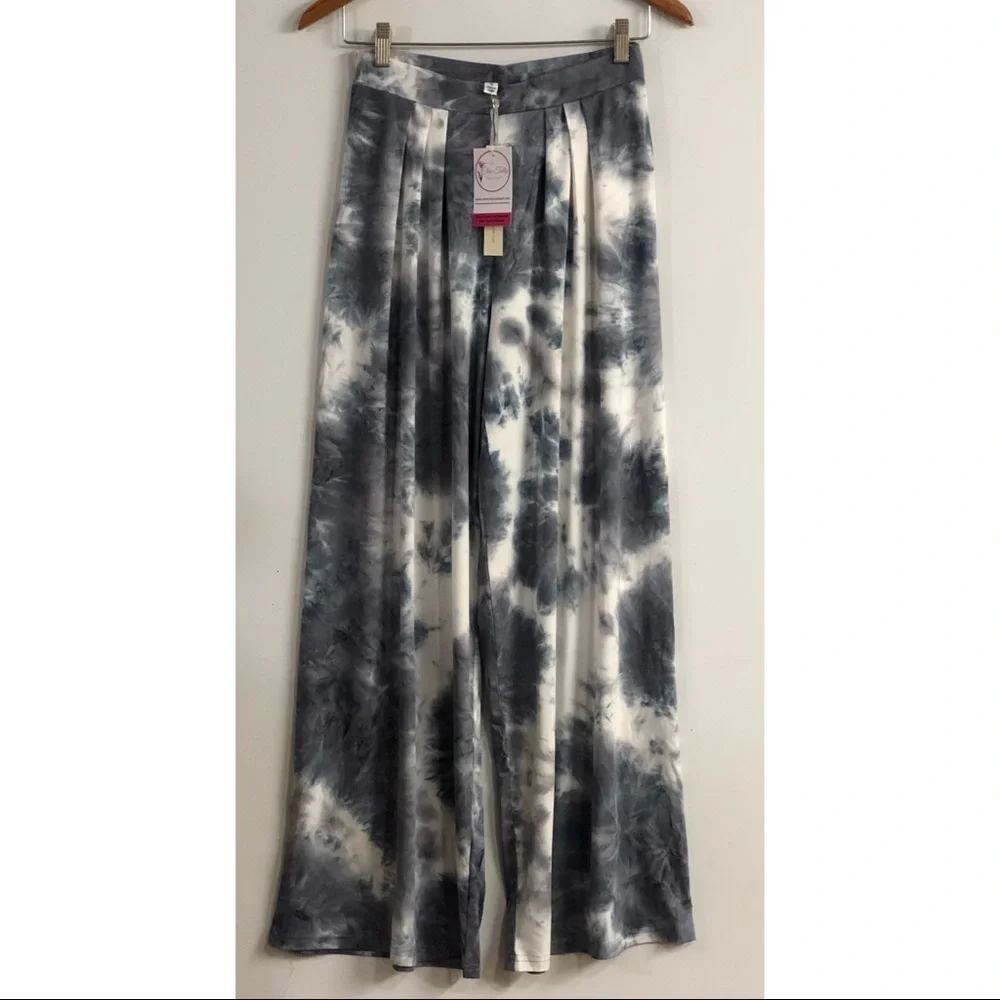 Wide Leg Pants Womens Size S Casual Pants Stretch tie dye Gray White NWT beach - Picture 6 of 12
